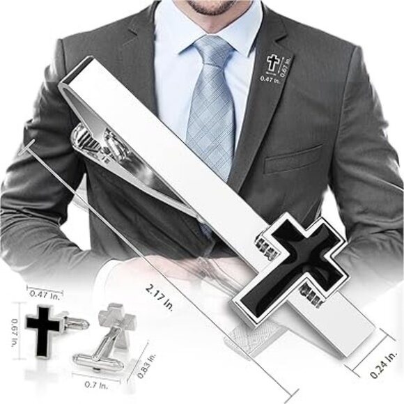 Cross Tie Clip with Cuff Links Set Stainless Steel with Black Cross - Picture 2 of 5